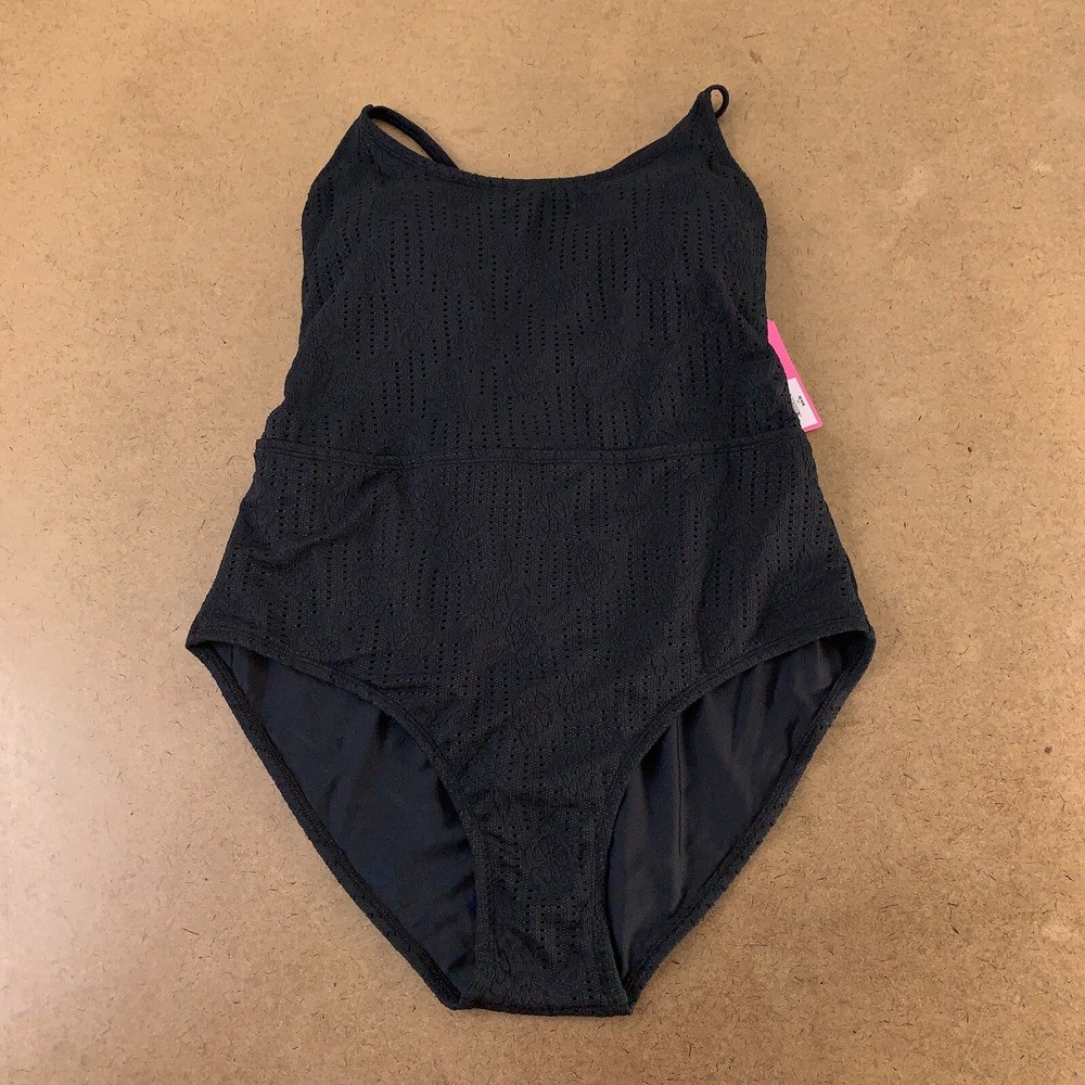 Ninety Nine Degrees Junior 1X Black Scoop Neck Lace Up Back 1 Piece Swimsuit NWT